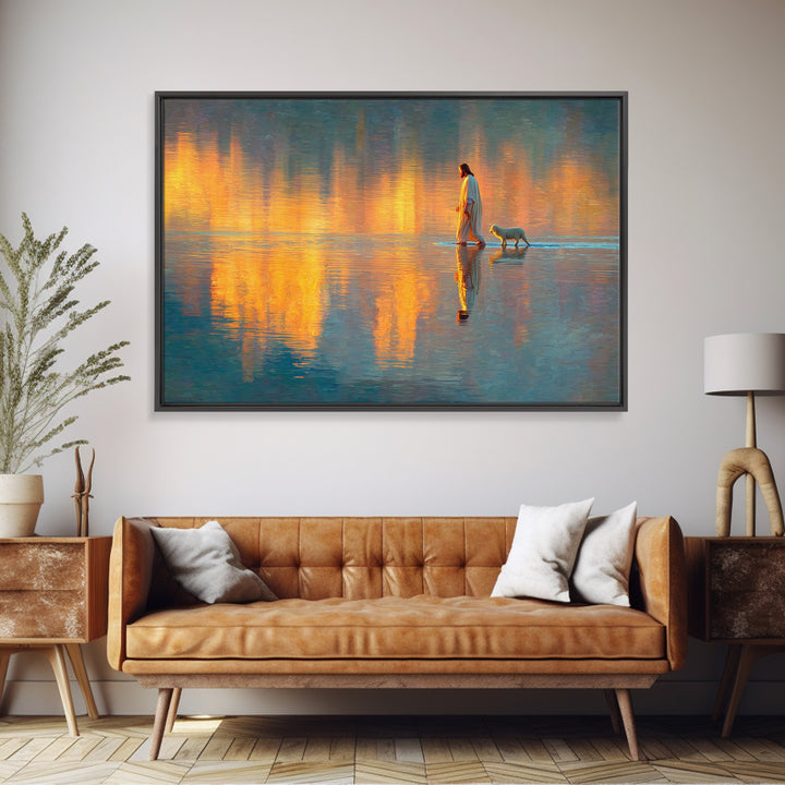 Golden Dawn Reflections | Framed Canvas Print | Christian Wall Art | Jesus Painting | Christian Art Canvas | Modern Christian Art | Christi