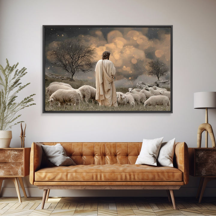Twilight Pasture Watch | Framed Canvas Print | Christian Art Canvas | Jesus Painting | Christian Wall Art | Moody Christmas Art | Christian