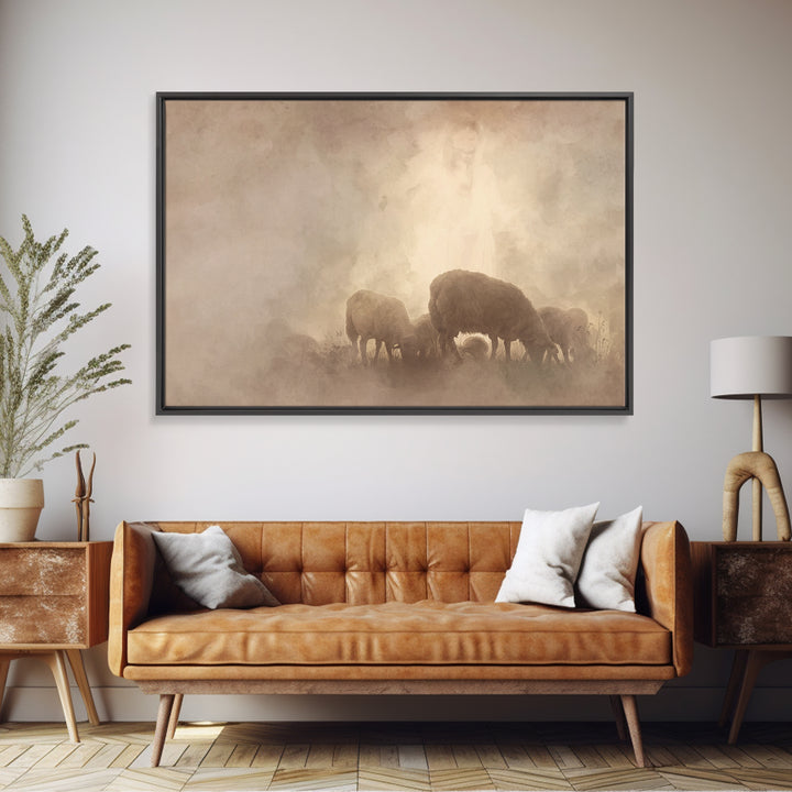 Heavenly Pasture Light, Framed Canvas Print, Christian Wall Art, Christian Art Canvas, Jesus Painting, Subtle Christian Art, Christian Gift