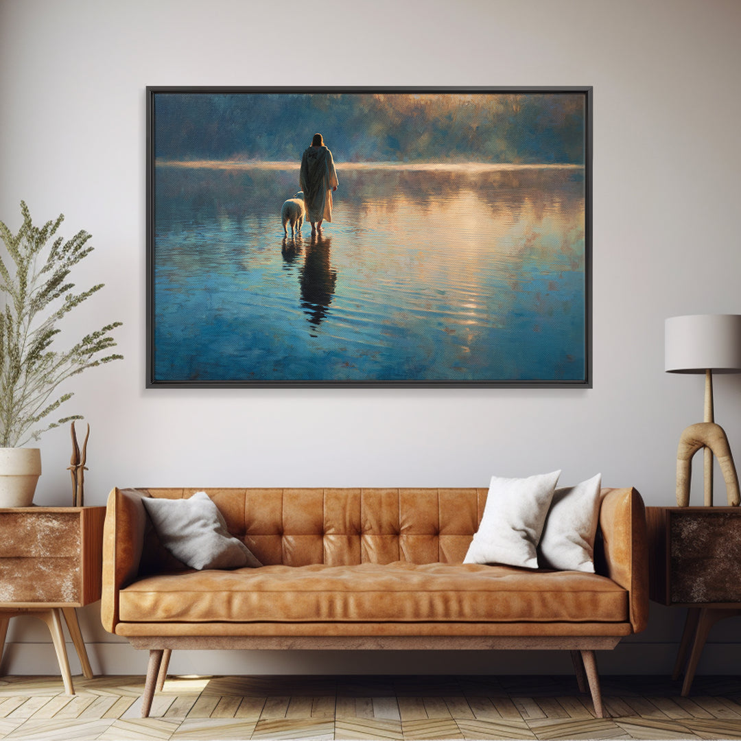 Still Waters Walk | Framed Canvas Print | Jesus Painting | Christian Art Work | Modern Christian Painting | Christian Art Gift | Christmas