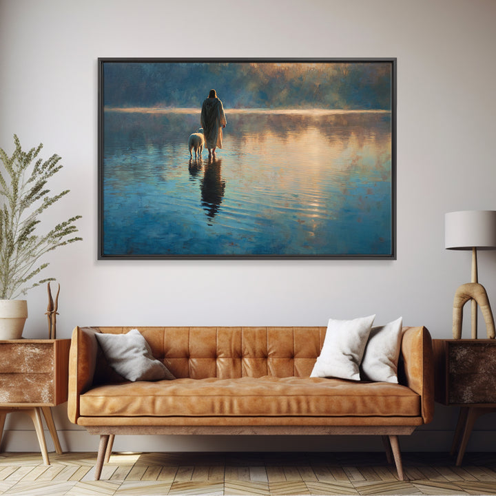 Still Waters Walk | Framed Canvas Print | Jesus Painting | Christian Art Work | Modern Christian Painting | Christian Art Gift | Christmas