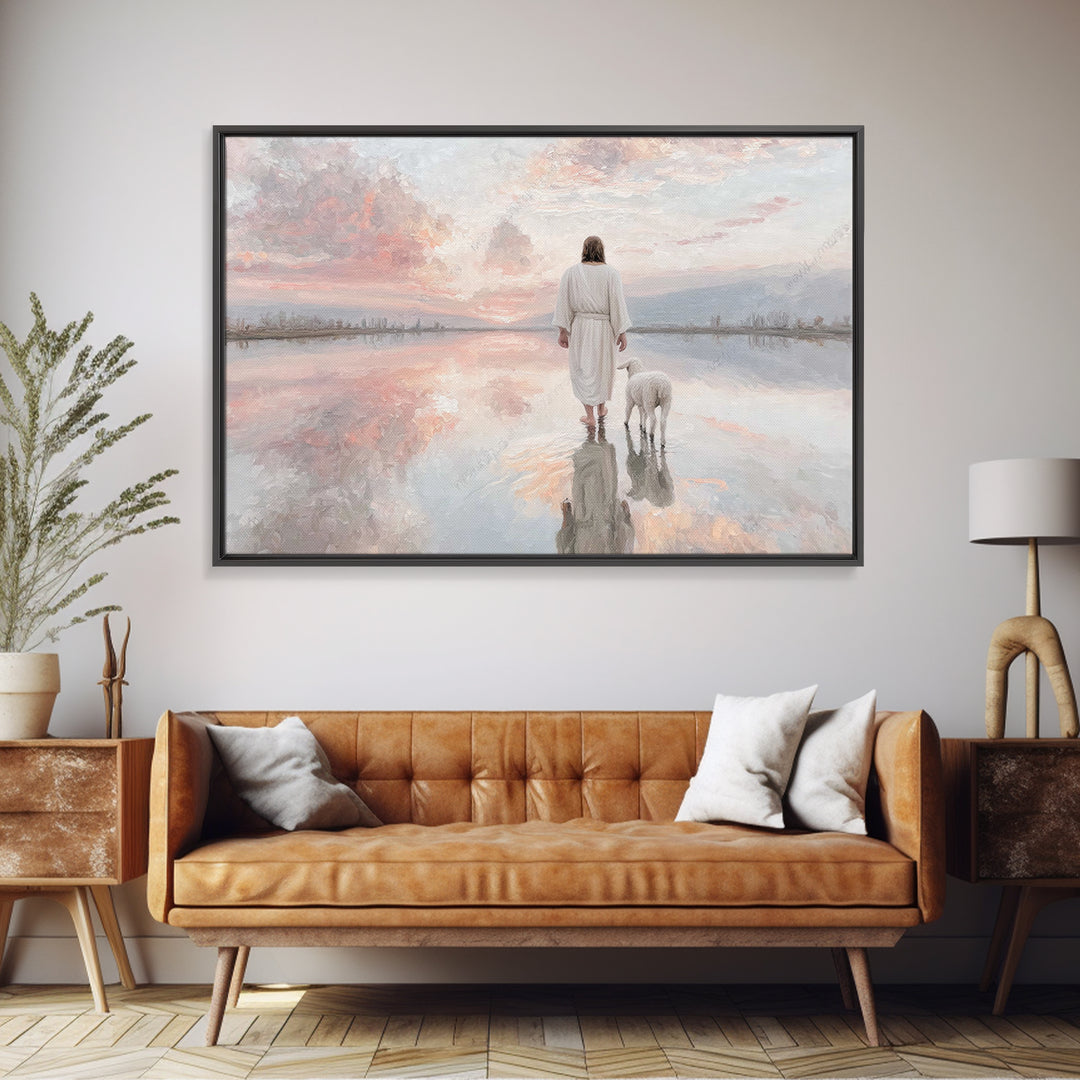 Heaven’s Reflection, Framed Canvas Print, Christian Art Canvas, Large Jesus Painting, Christian Decor For Home, White Christmas Art, Modern