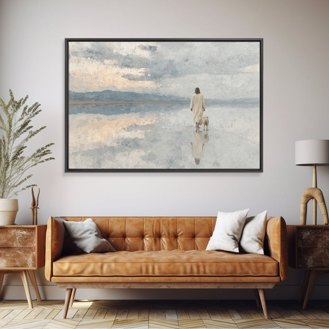 Cloudlit Shepherd – Framed Canvas Print – Jesus Painting – Christian Art Prints – Christian Christmas Decor – Christian Wall Art – Moody Ch