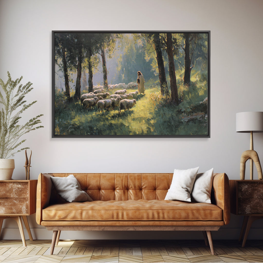 Morning Pastures Light, Framed Canvas Print, Jesus Painting, Christian Art Canvas, Christian Wall Art, Modern Christian Painting, Christian