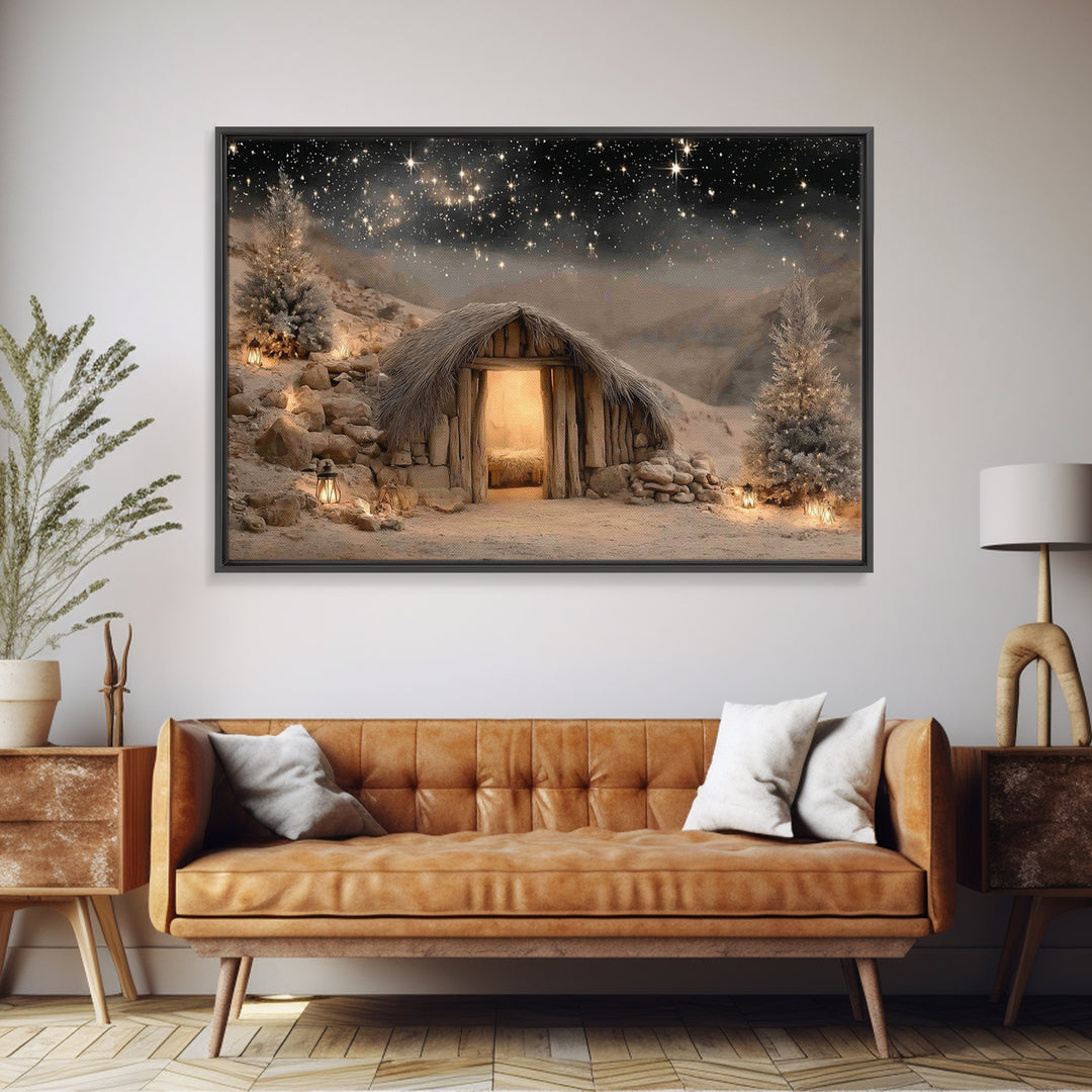 Starry Stable Wonder – Framed Canvas Print – Christian Christmas Art – Christmas Canvas Wall Art – Christian Decor – Christian Art Canvas –