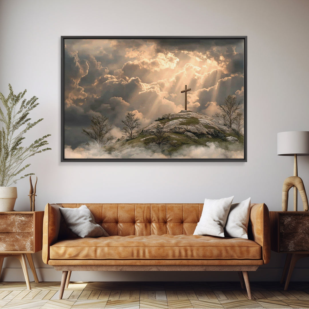 Hilltop Grace Light – Framed Canvas Print – Christian Wall Art – Large Christian Art – Christian Art Painting – Moody Christian Art