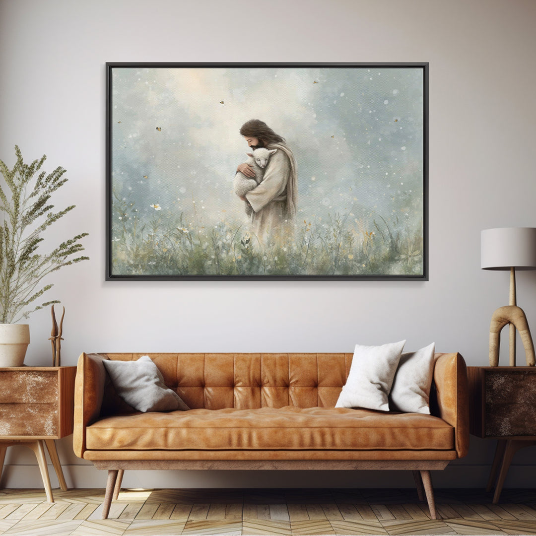 Gentle Shepherd Love – Framed Canvas Print – Jesus Painting – Christian Art Canvas – Christian Wall Art – Christian Gift Ideas – Christian