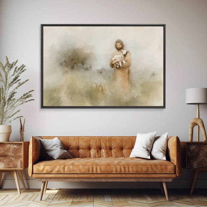 Soft Meadow Shepherd – Framed Canvas Print – Minimalist Christian Art – Christian Wall Art – Christian Art Canvas – Subtle Christian Painti