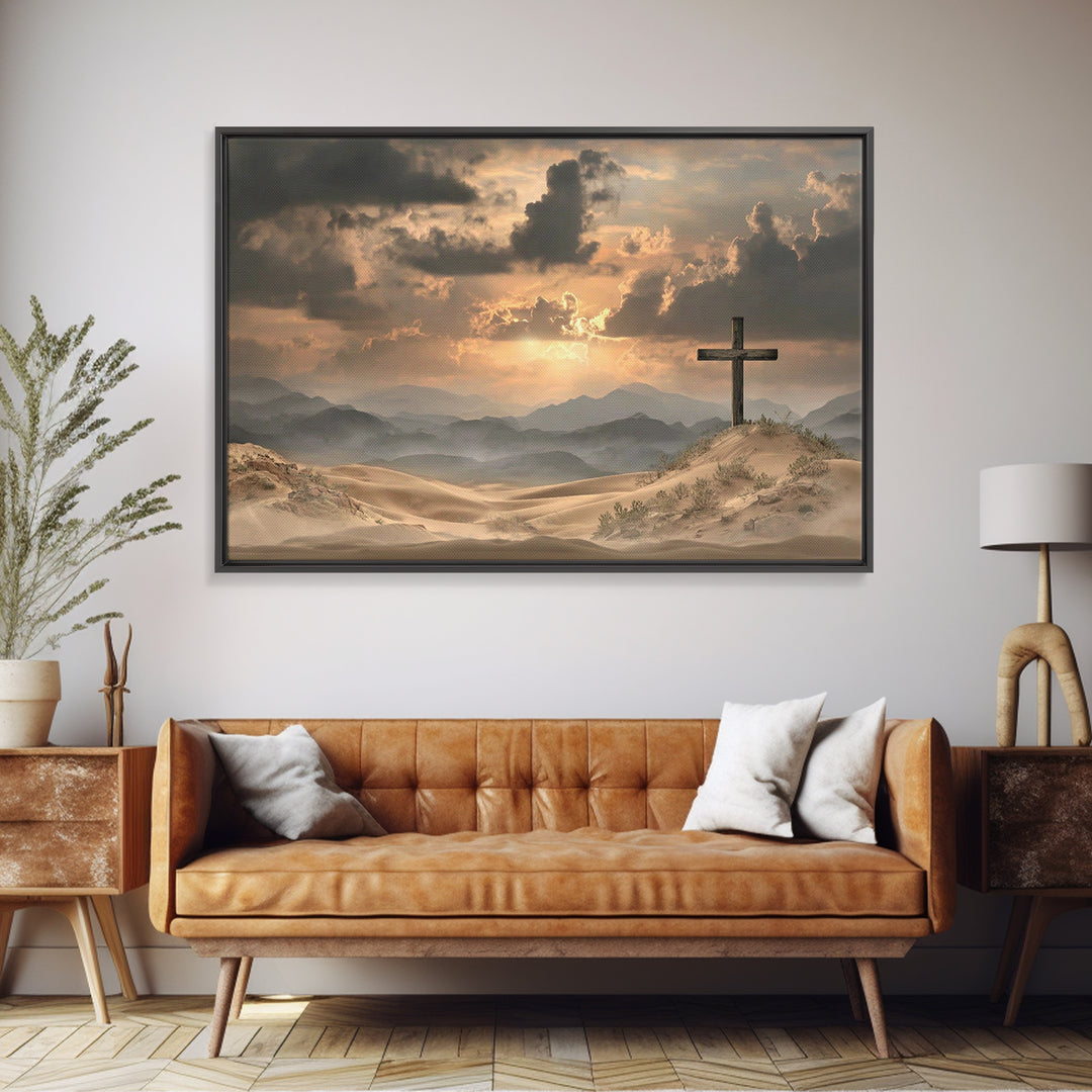 Desert Cross Stillness, Framed Canvas Print, Christian Wall Art, Christian Art Painting, Moody Christian Art, Christian Art Canvas, Jesus P