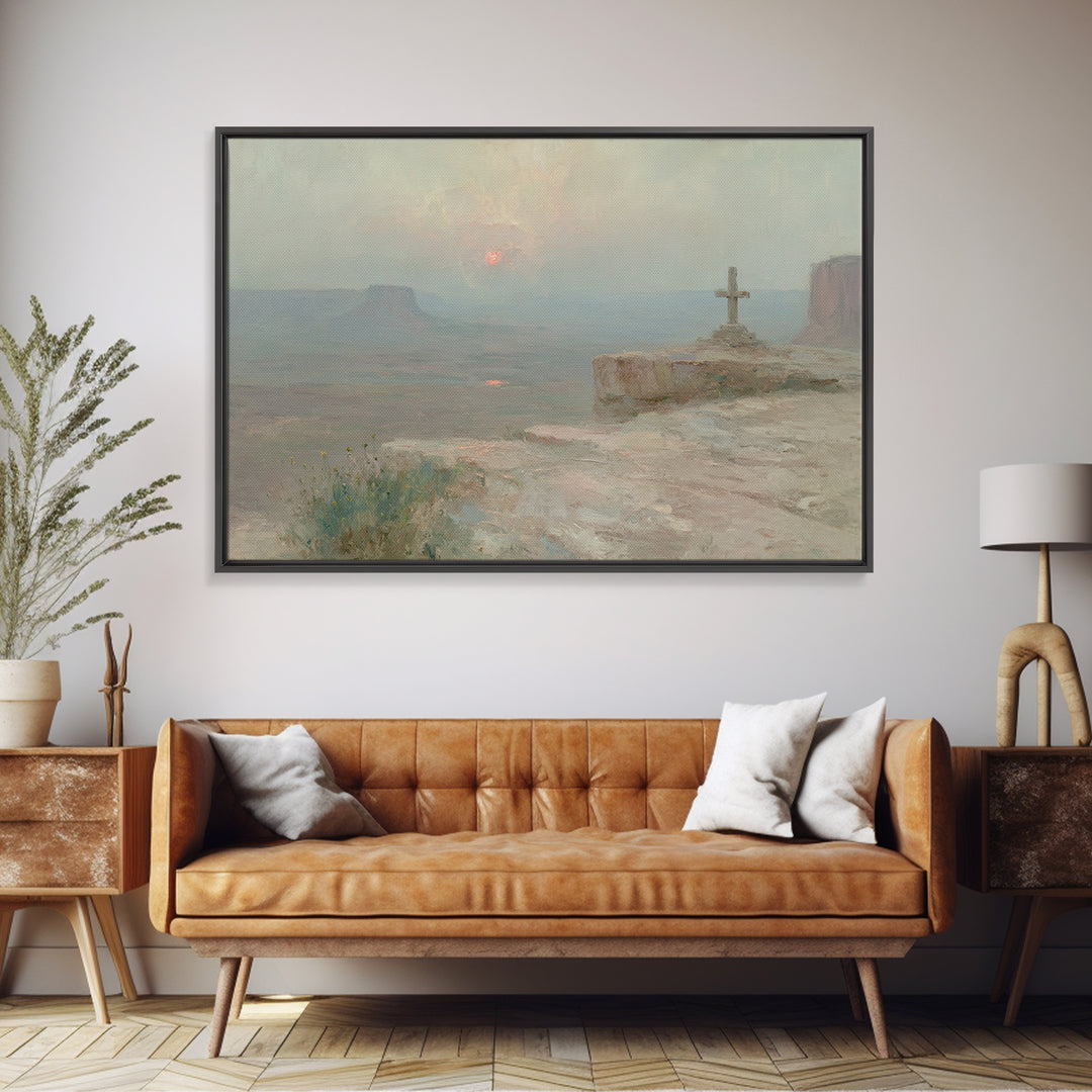 Cliffside Cross Peace, Framed Canvas Print, Christian Painting, Christian Wall Art, Christian Art Canvas, Vintage Christian Art, Christian