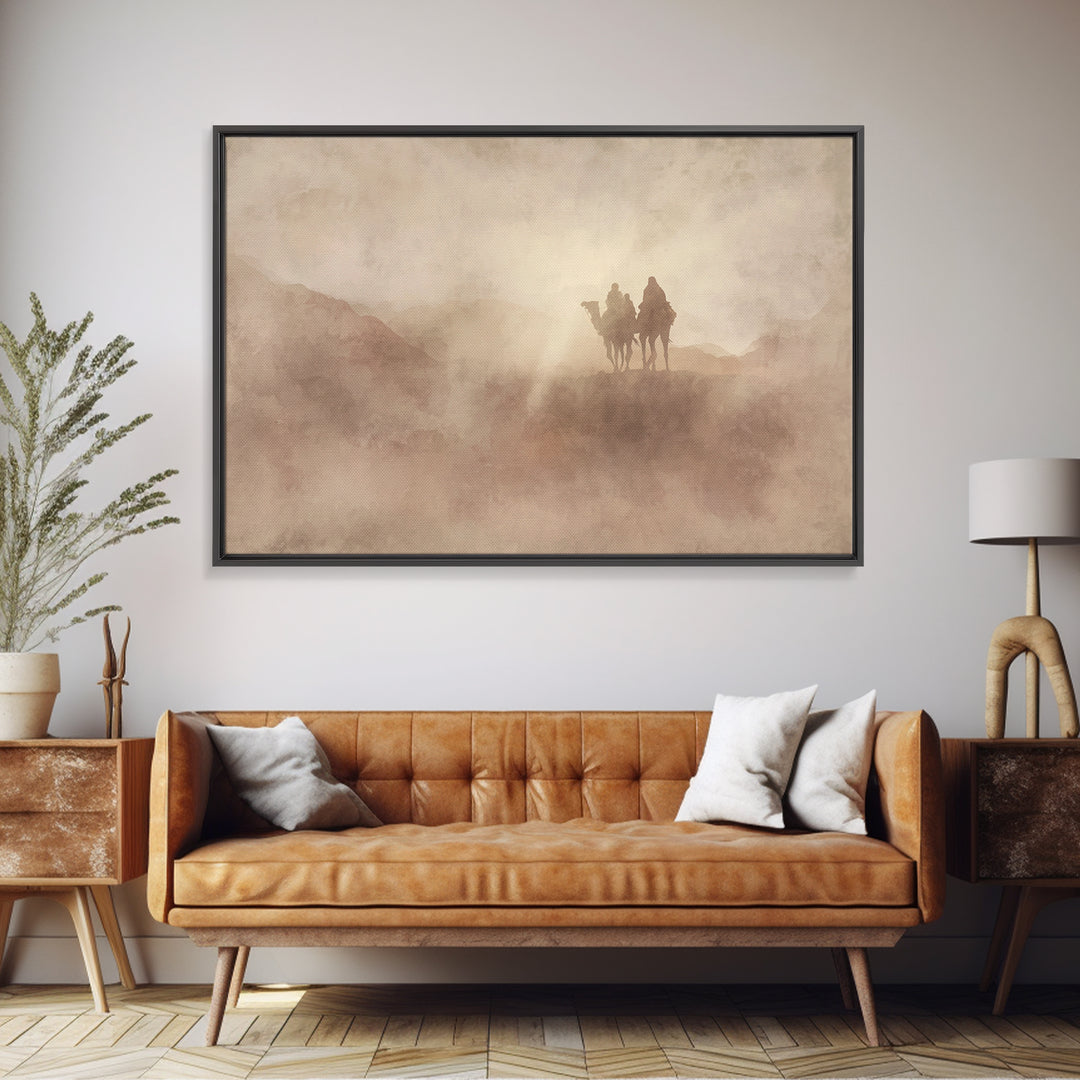 Misty Caravan Dawn, Framed Canvas Print, Christian Art Canvas, Christian Wall Art, Vintage Christian Art, Moody Christian Art