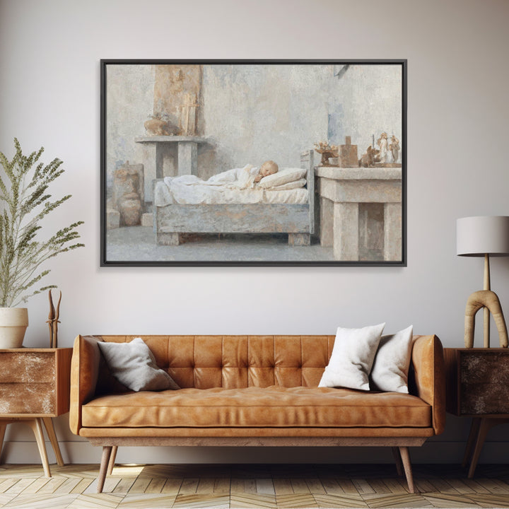 Silent Cradle Peace – Framed Canvas Print – Christian Art Painting – Christmas Art Work – Christian Wall Art – Jesus Art Print – Vintage Ch