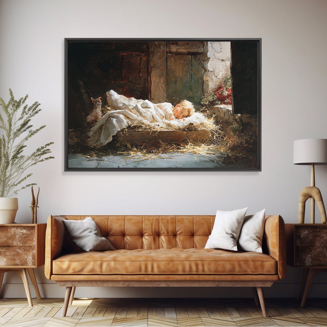 Gentle Nativity Hush | Framed Canvas Print | Christian Art Print | Christmas Wall Art | Jesus Art Print | Subtle Christian Art | Christian