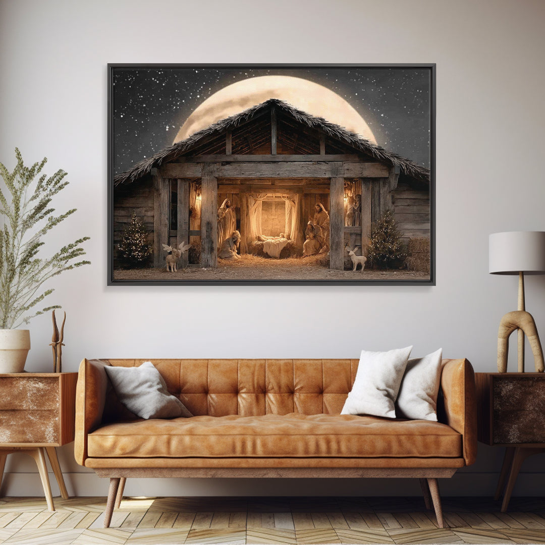 Moonlit Nativity, Framed Canvas Print, Christmas Art, Christian Wall Art, Christian Christmas Decor, Christian Art Canvas, Christmas Art Pr