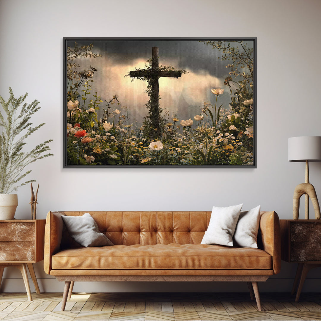 Cross Of Renewal – Framed Canvas Print – Christian Wall Art – Christian Art Canvas – Christian Paintings – Floral Christian Art – Christian