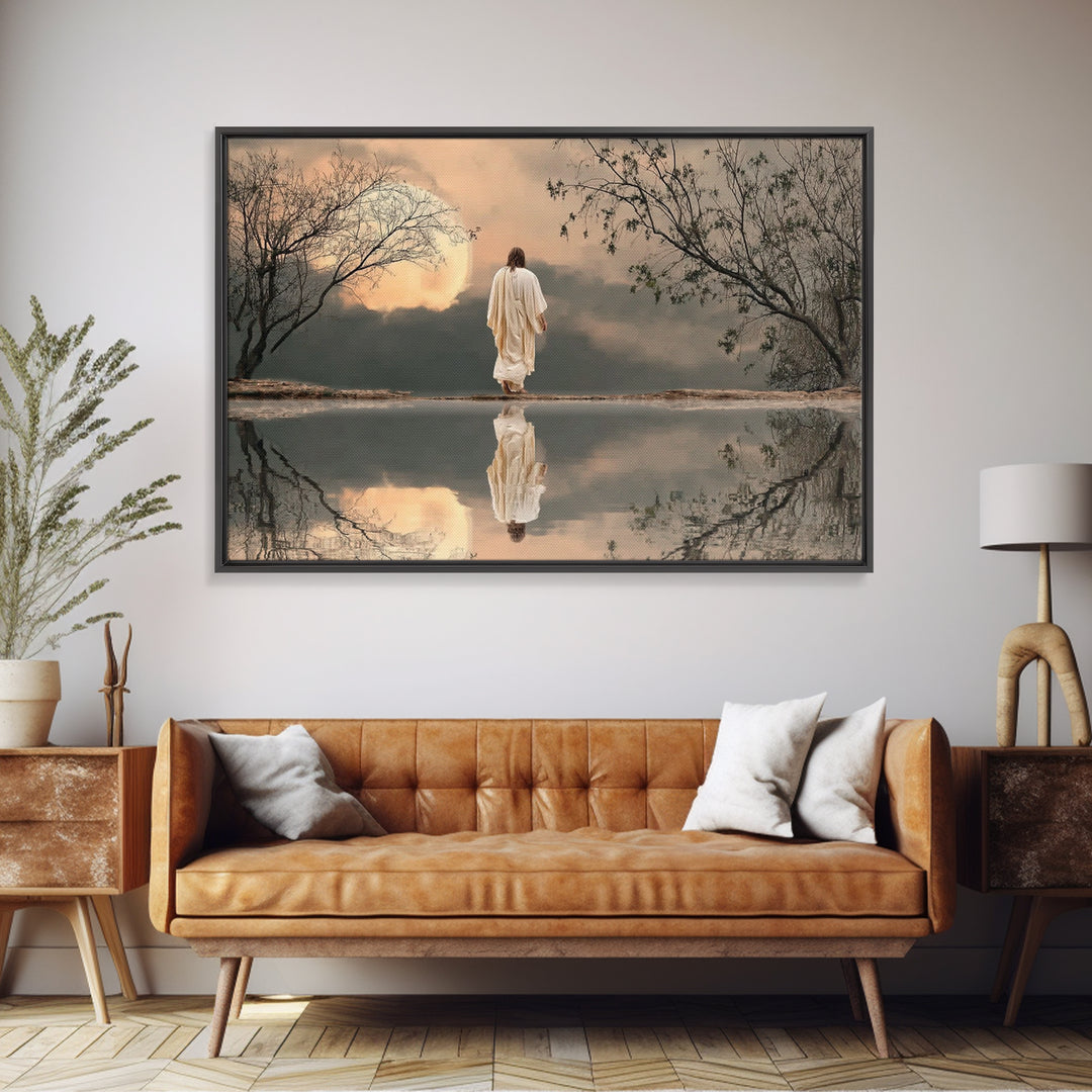 Moonlit Savior Walk, Framed Canvas Print, Christian Wall Art, Jesus Painting, Christian Art Print, Moody Christmas Art, Christian Decor