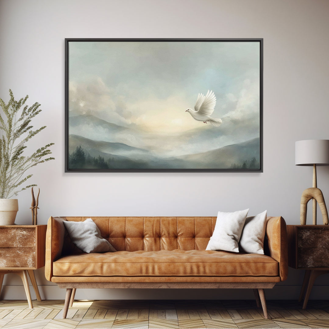 Heavenly Dove Light, Framed Canvas Print, Christian Wall Art, Christian Art Canvas, Christmas Art Prints, Christian Gift, Subtle Christian