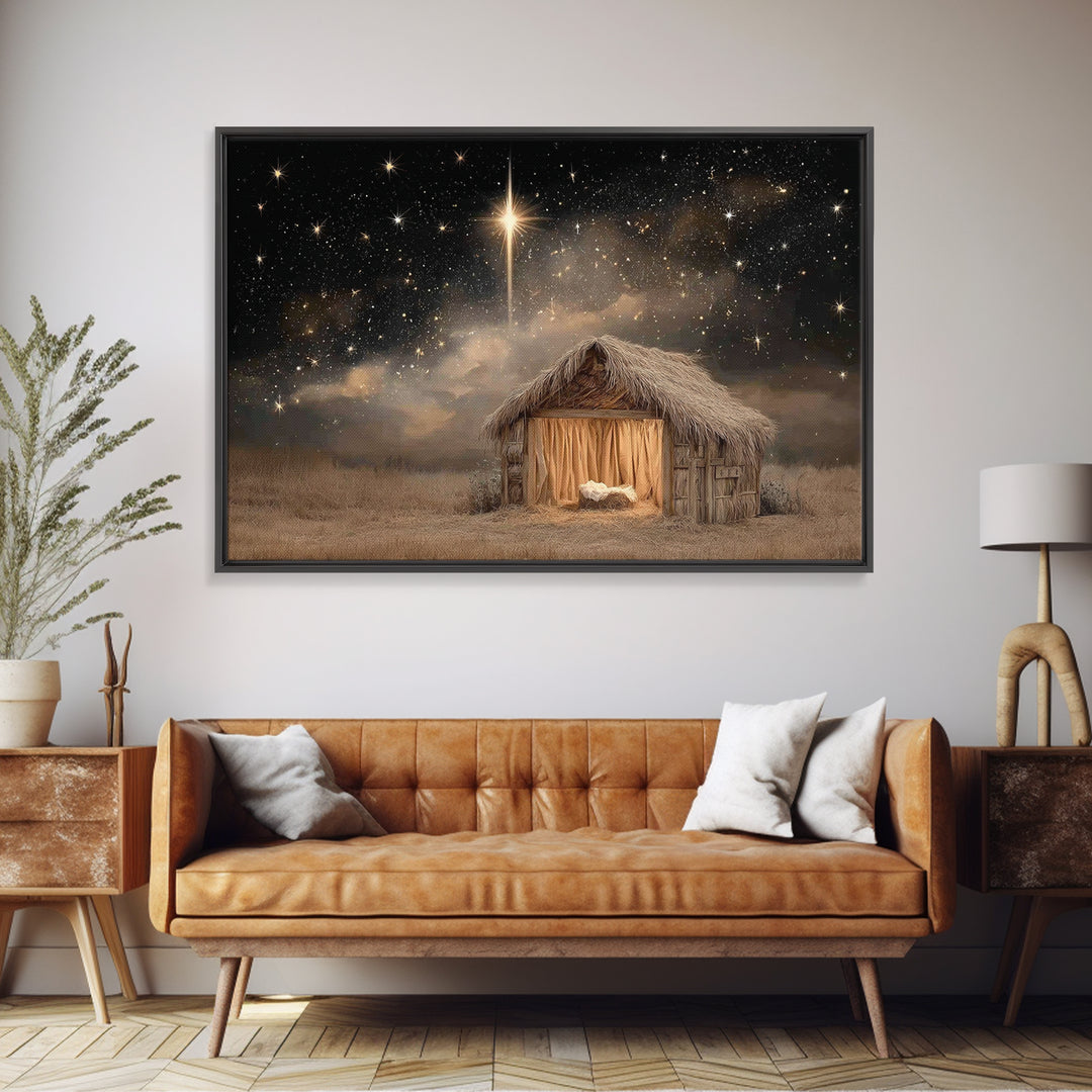 Mountain Chapel Night, Framed Canvas Print, Christian Art Canvas, Christian Wall Art, Christmas Art Framed, Modern Christian Art