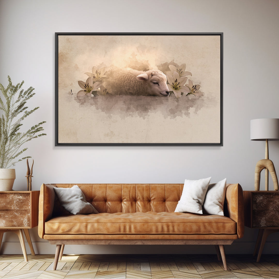 Lamb Of Peace – Framed Canvas Print – Christian Wall Art – Christian Art Canvas – Jesus Painting – Pastoral Scenery – Christian Christmas A