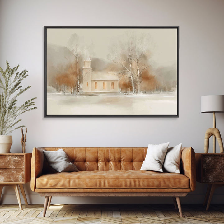 Winter Chapel Light, Framed Canvas Print, Christmas Art Prints, Christian Wall Art, Christian Christmas Decor, Modern Christmas Art, Framed