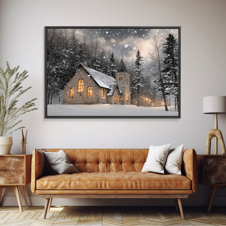 Frosted Sanctuary – Framed Canvas Print – Christian Wall Art – Christmas Canvas Wall Art – Christian Christmas Art – Moody Christmas Art –