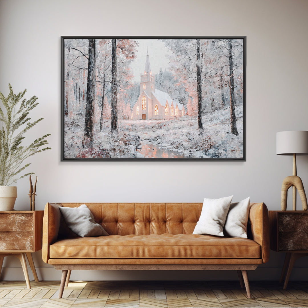 Winter Chapel Glow – Framed Canvas Print – Christian Wall Art – Christmas Art Prints – Christian Christmas Decor – Modern Christmas Art – C