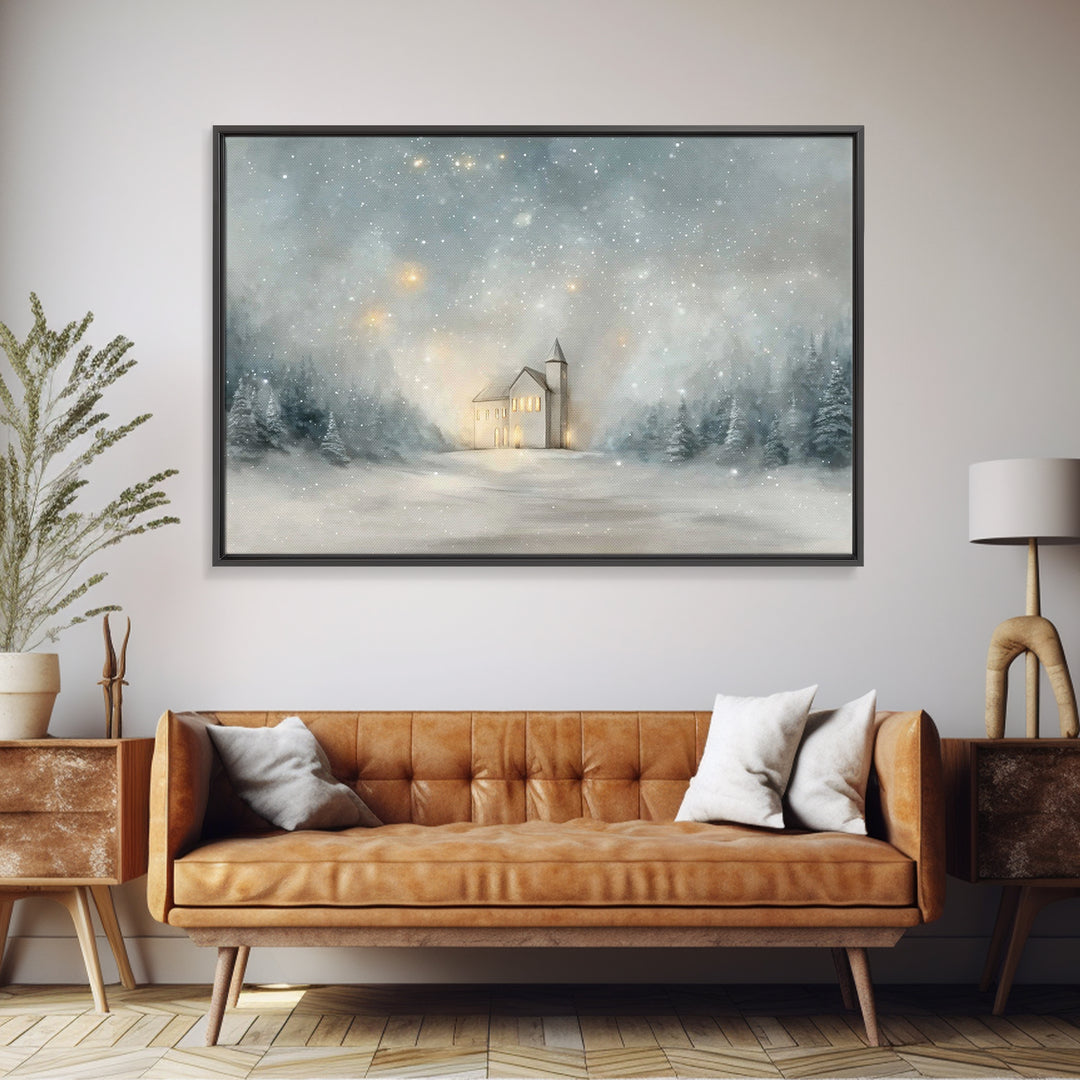Starry Night Sanctuary, Framed Canvas Print, Christian Wall Art, Christmas Canvas Wall Art, Moody Christmas Art, Christian Christmas Decora