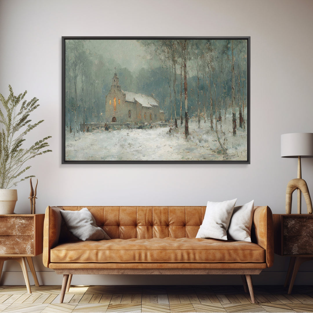Frosted Church Peace – Framed Canvas Print – Christian Wall Art – Vintage Christian Art – Christmas Art Framed – Christian Christmas Art –