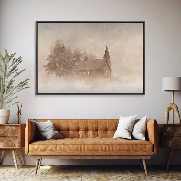 Misty Chapel Grace | Framed Canvas Print | Christian Wall Art | Christian Art Painting | Christmas Art Prints | Christian Decoration | Mode