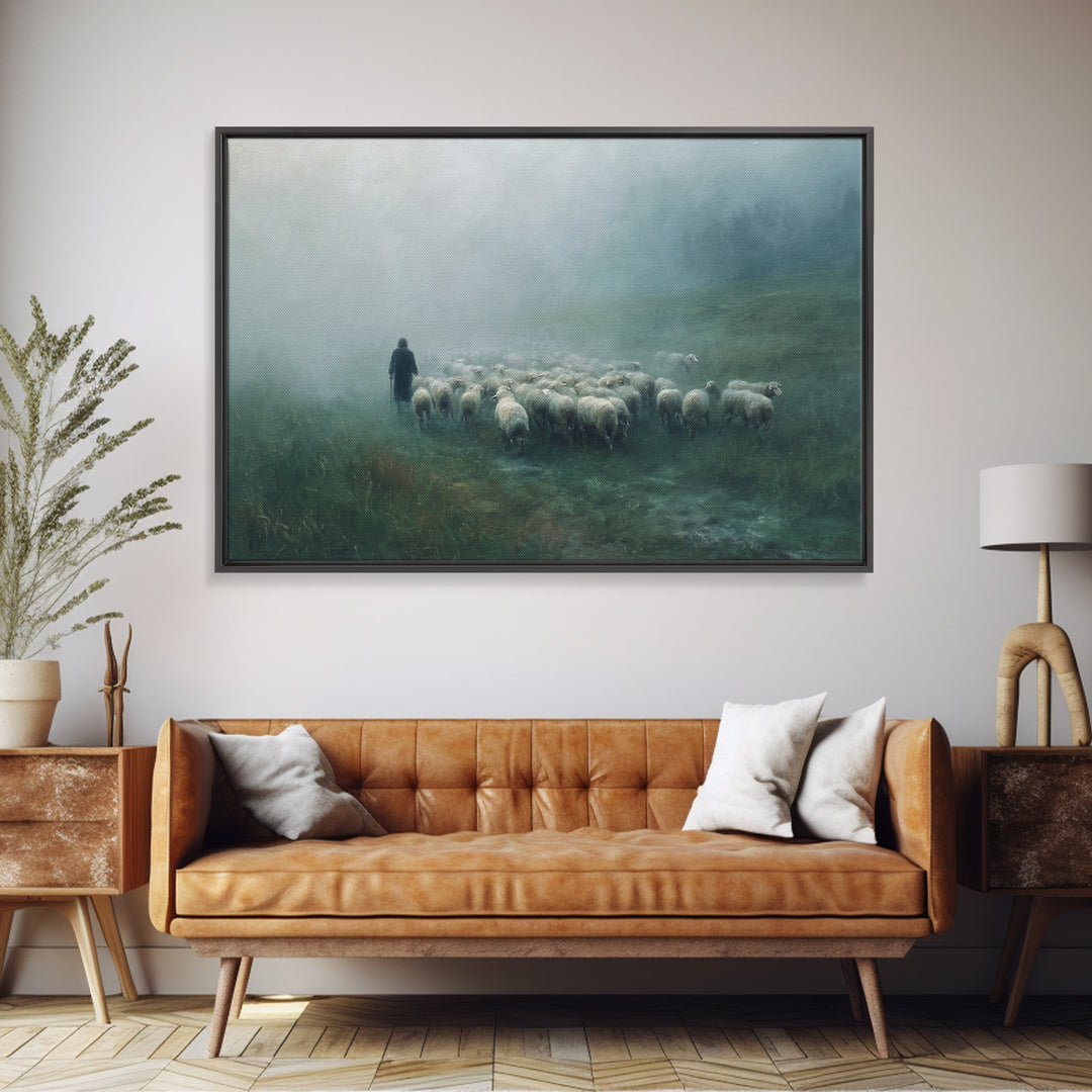 Misty Pasture Dawn, Framed Canvas Print, Christian Wall Art, Moody Christian Art, Christian Christmas Art, Christian Art Canvas, Subtle Chr
