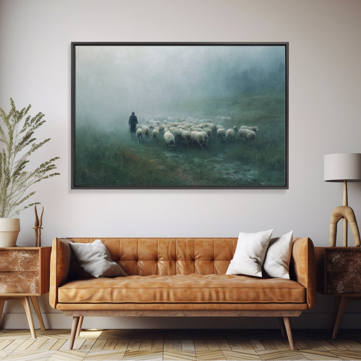 Misty Pasture Dawn, Framed Canvas Print, Christian Wall Art, Moody Christian Art, Christian Christmas Art, Christian Art Canvas, Subtle Chr