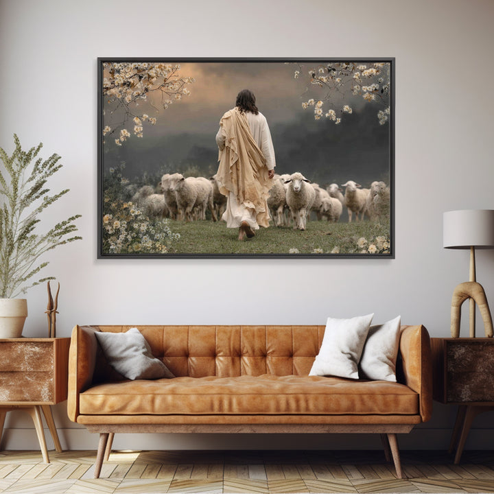 Graceful Pasture Walk | Framed Canvas Print | Jesus Painting | Christian Art Canvas | Christian Wall Art | Christian Gift | Modern Christia