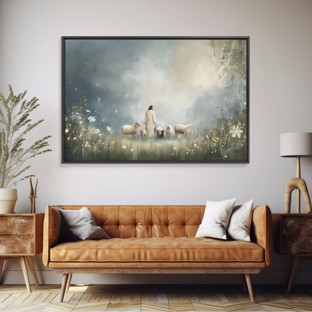 Garden Of The Shepherd, Framed Canvas Print, Christian Art Canvas, Jesus Painting, Christian Wall Art, Christian Art Prints, Christian Gift