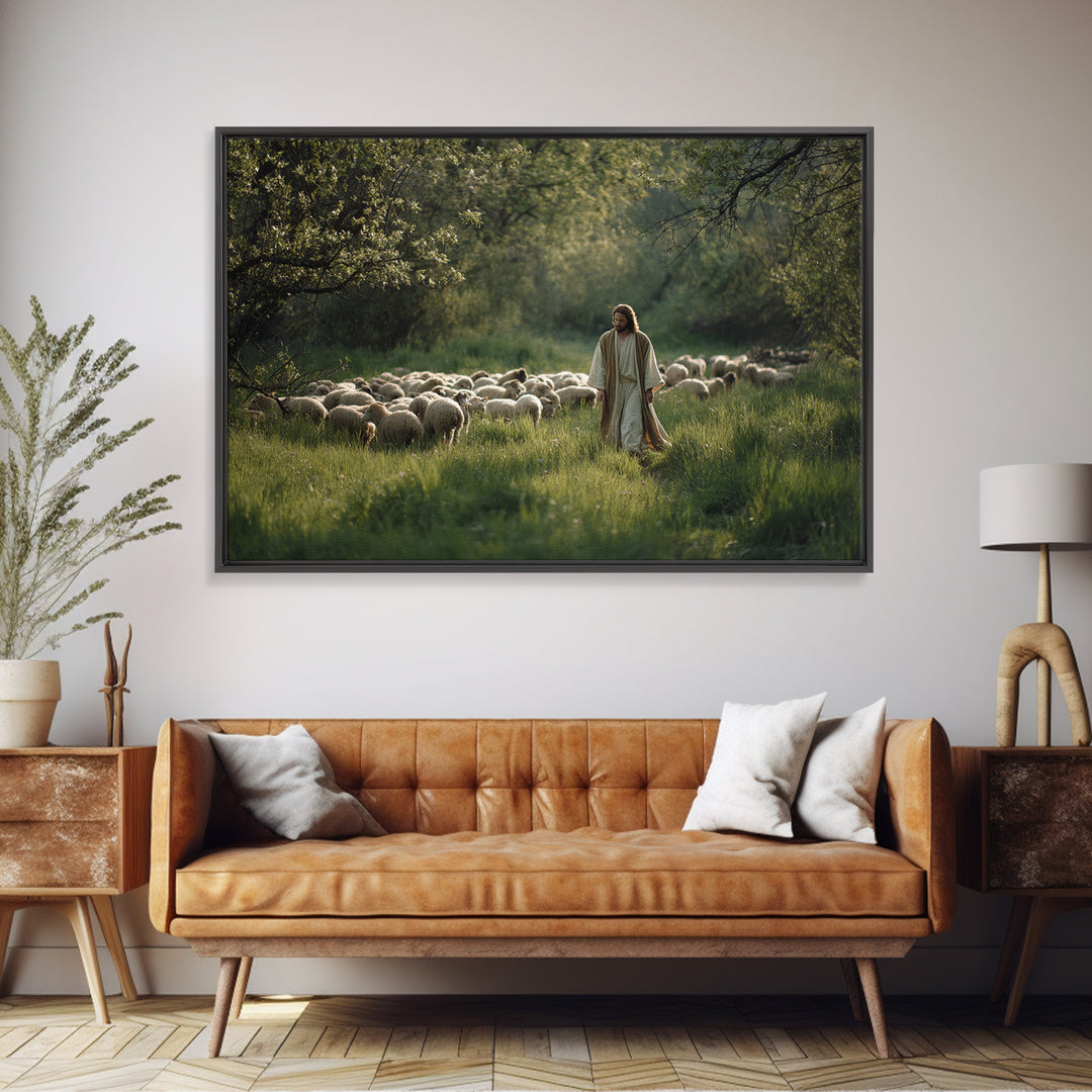 Pastoral Morning Peace – Framed Canvas Print – Christian Art Prints – Christian Wall Art – Jesus Painting – Christian Art Canvas – Subtle C