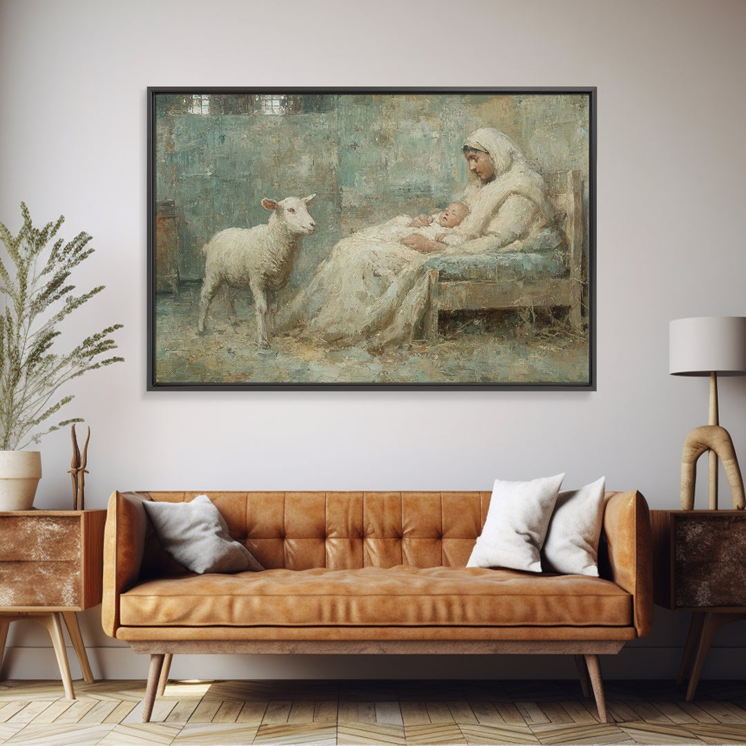 Nativity Stillness, Framed Canvas Print, Christian Wall Art, Christmas Canvas Wall Art, Jesus Painting, Moody Christmas Art, Christian Art
