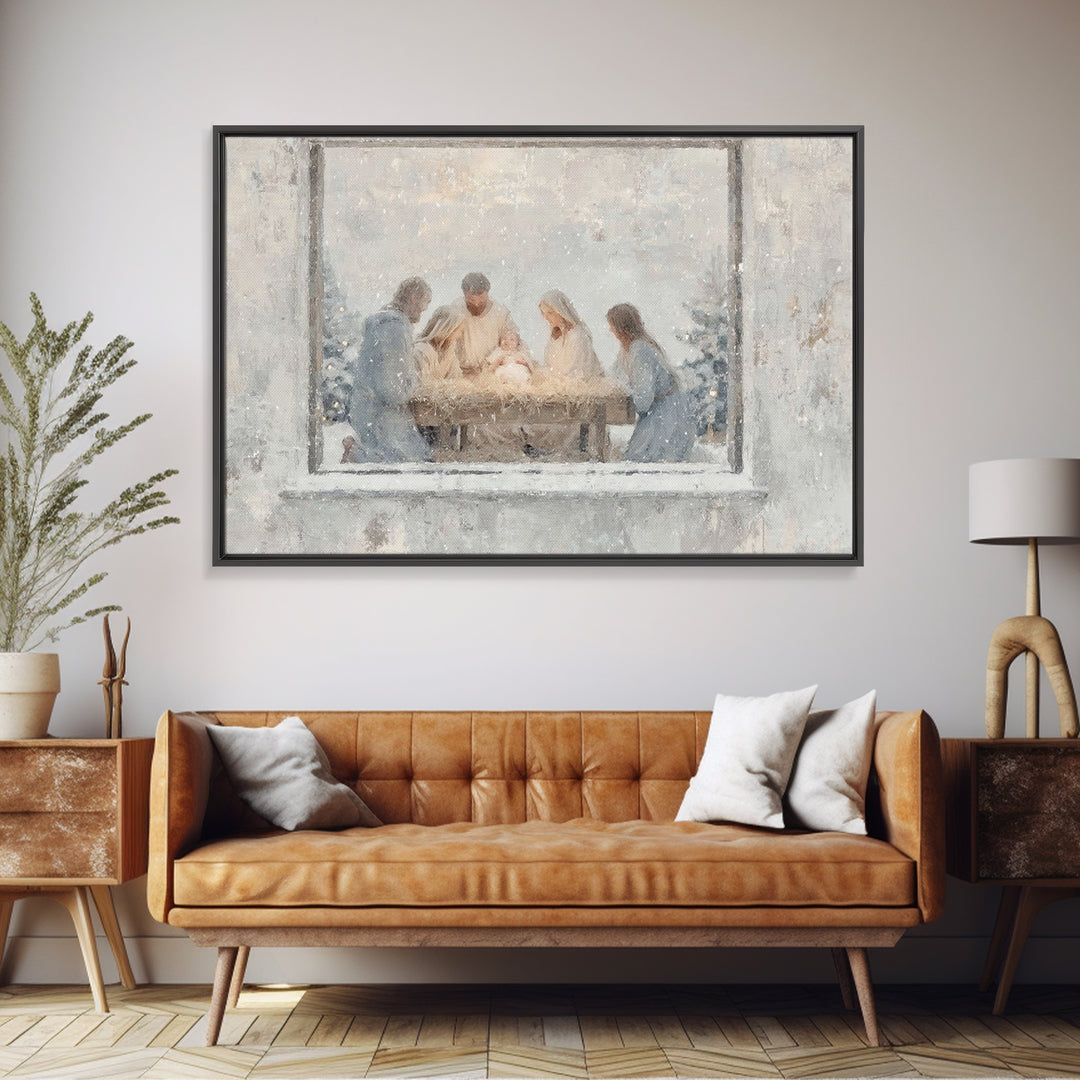 Holy Night Gathering Light – Framed Canvas Print – Christian Wall Art – Christian Art Canvas – Jesus Painting – Christian Christmas Art