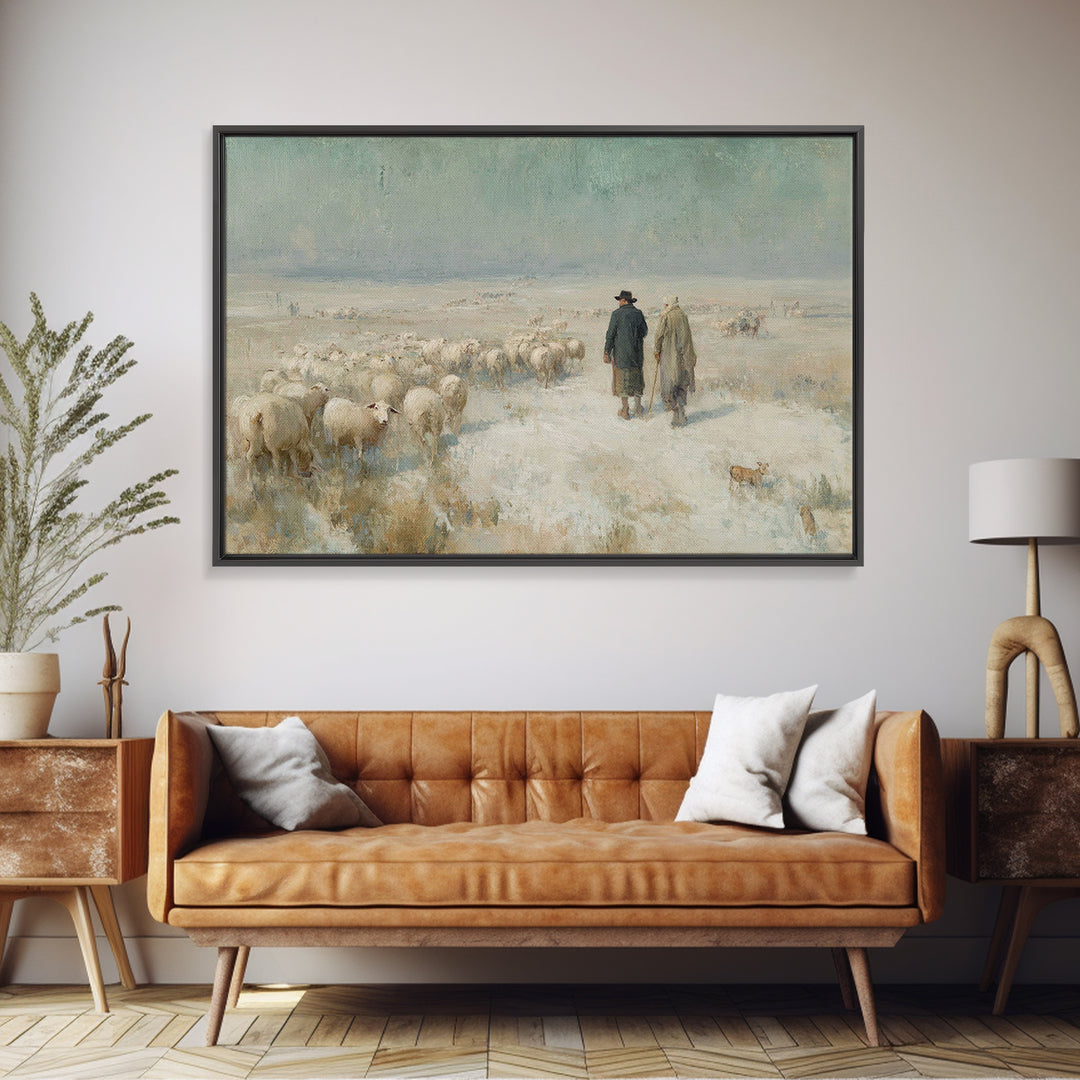 Shepherds At Dawn – Framed Canvas Print – Christian Wall Art – Christian Art Canvas – Christian Christmas Art – Pastoral Scenery