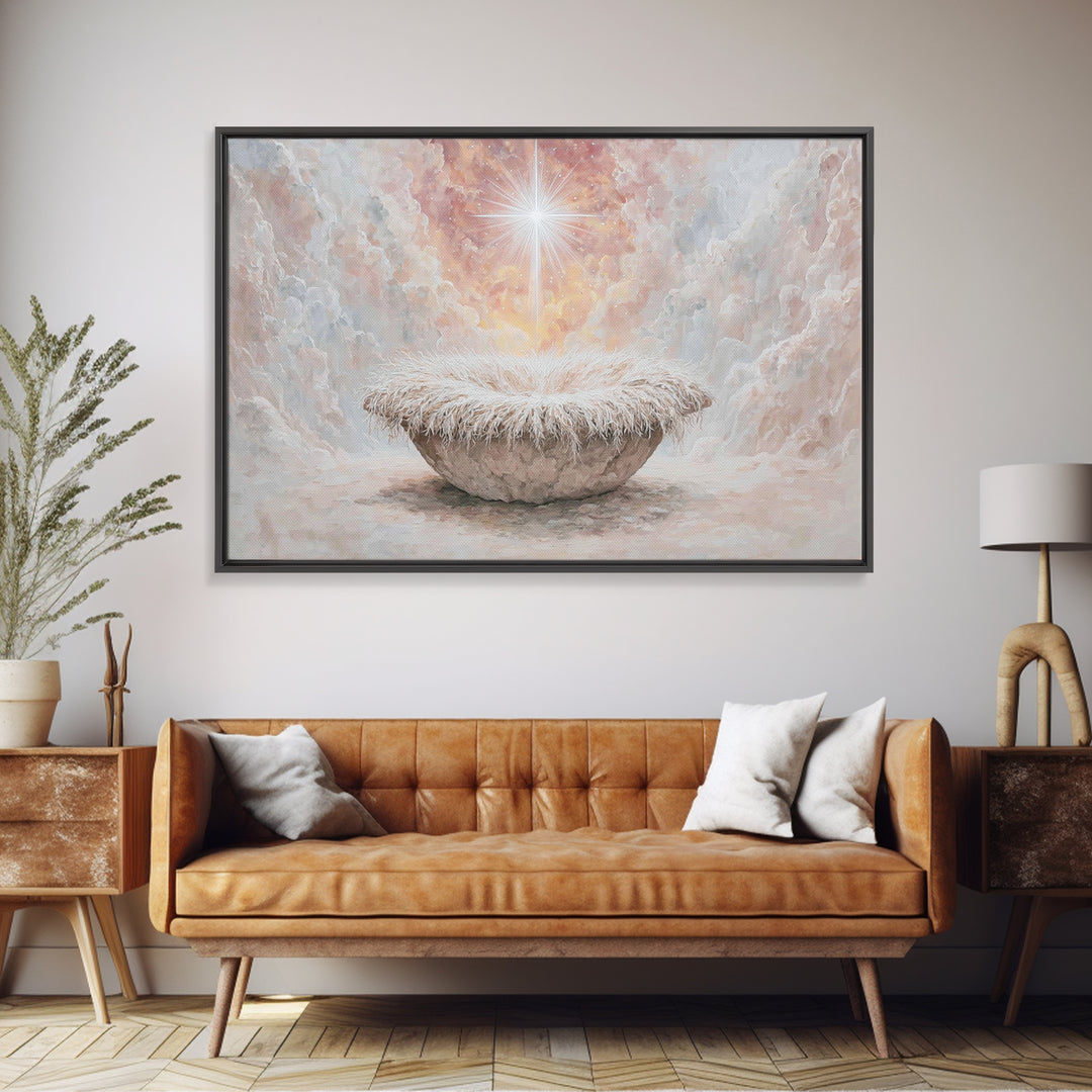 Heavenly Cradle Glow – Framed Canvas Print – Christian Art Canvas – Framed Christian Art – Christmas Wall Art – Vintage Christmas Art