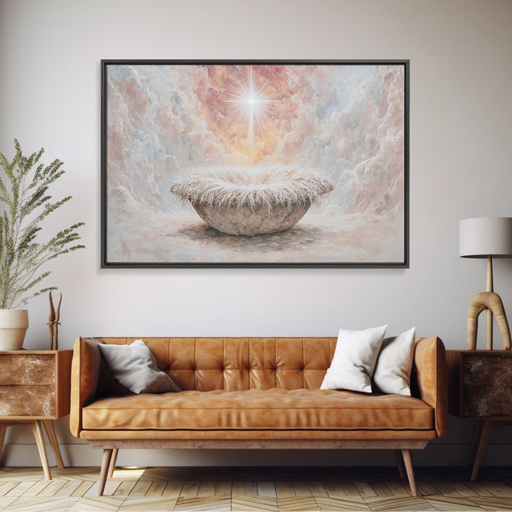 Heavenly Cradle Glow – Framed Canvas Print – Christian Art Canvas – Framed Christian Art – Christmas Wall Art – Vintage Christmas Art