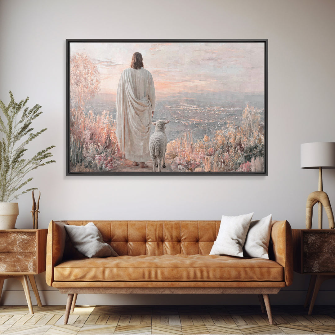 Shepherd Of Dawn – Framed Canvas Print – Large Jesus Painting – Christian Wall Art – Christian Art Gift – Modern Christian Painting