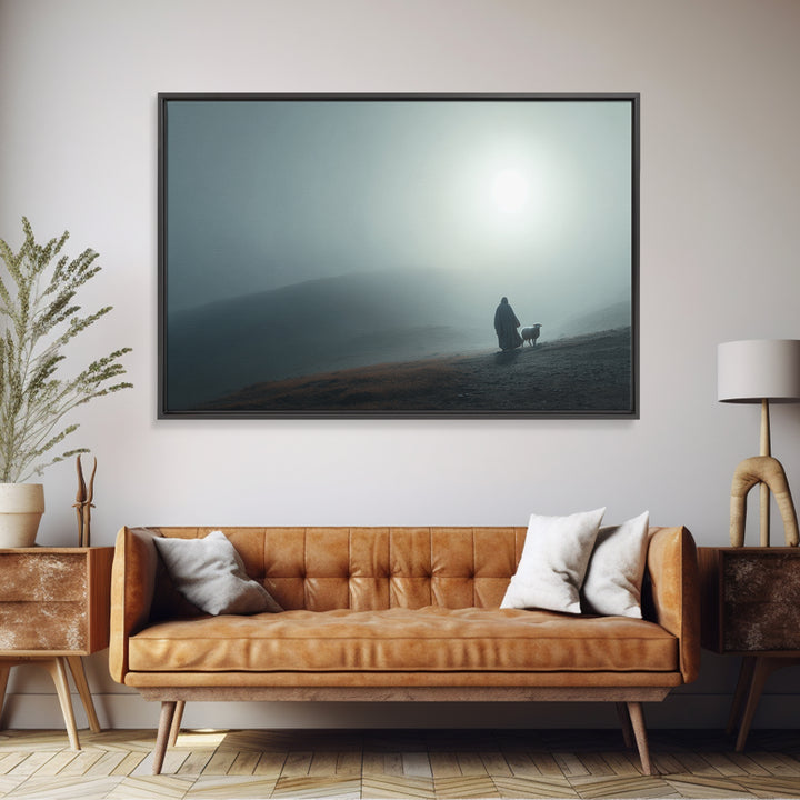 Misty Valley Shepherd – Framed Canvas Print – Christian Art Painting – Christian Decor – Blue Christian Art – Large Jesus Wall Art