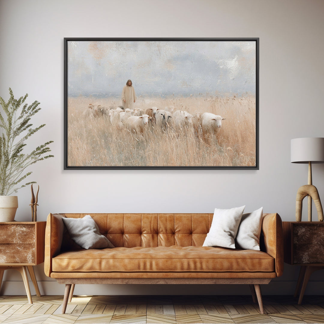 Golden Field Shepherd, Framed Canvas Print, Christian Art Canvas, Jesus Painting, Christian Wall Art, Christian Art Gift, Large Christian A