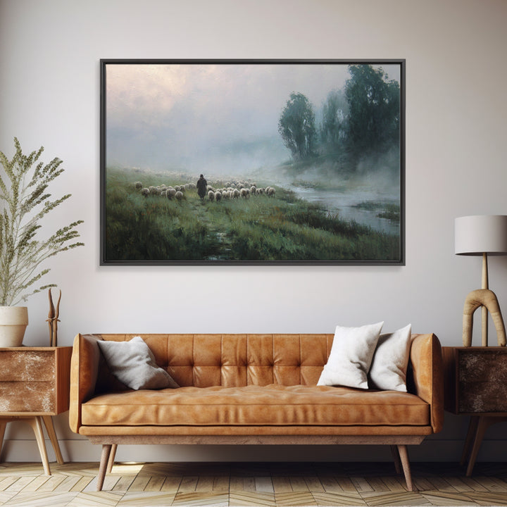 Misty River Flock | Framed Canvas Print | Christian Wall Art | Christian Painting | Christian Art Canvas | Subtle Christian Art | Christian