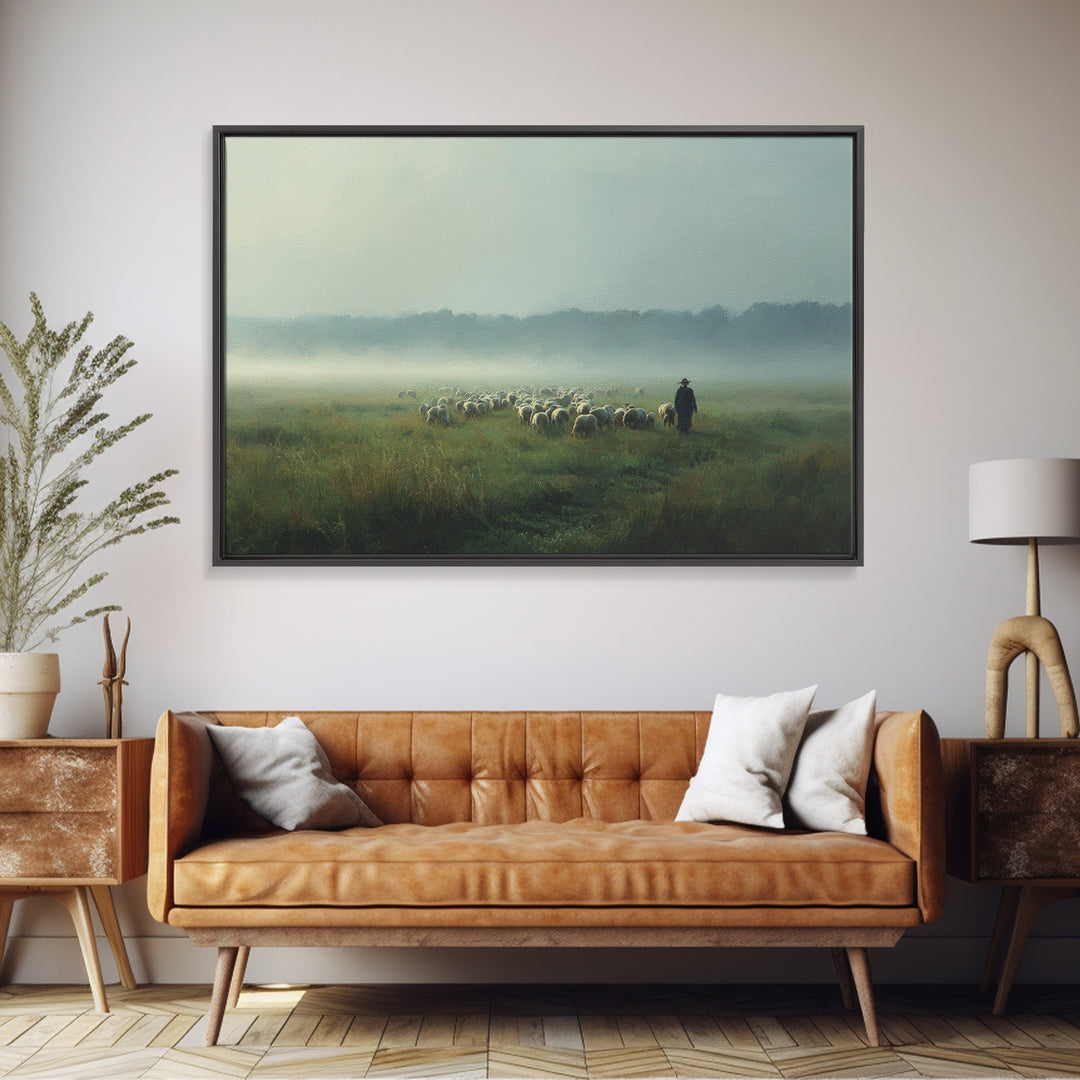Morning Meadow Flock, Framed Canvas Print, Christian Art Work, Christian Wall Art, Jesus Painting, Large Christian Painting, Christian Art