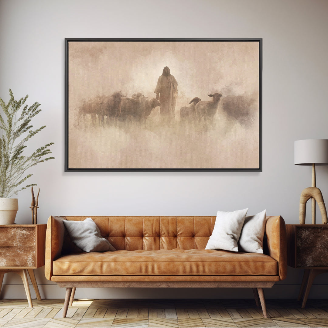 Shepherd In The Haze – Framed Canvas Print – Christian Paintings – Jesus Wall Art – Christian Art Canvas – Christian Decoration – Subtle Ch