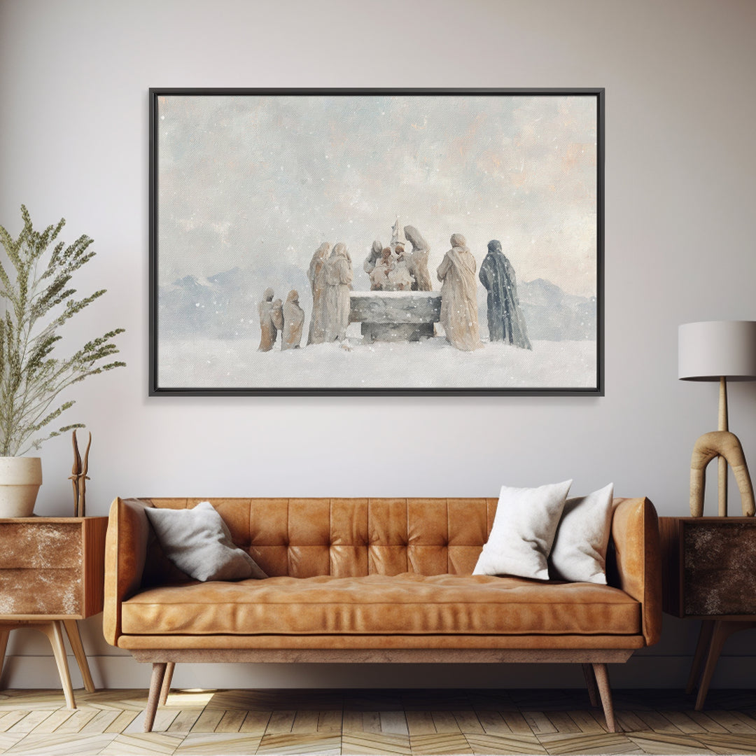 Snowfall Reverence – Framed Canvas Print – Christian Wall Art – Christian Art Canvas – Christmas Art – Jesus Christmas Art – Christian Gift