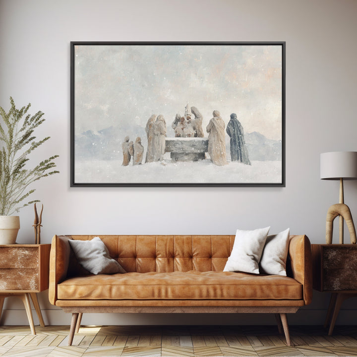 Snowfall Reverence – Framed Canvas Print – Christian Wall Art – Christian Art Canvas – Christmas Art – Jesus Christmas Art – Christian Gift