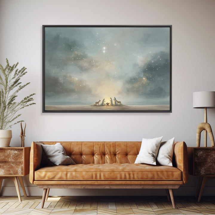 Starry Night Nativity – Framed Canvas Print – Christian Christmas Art – Christian Wall Art – Jesus Painting – Christmas Art Prints – Christ