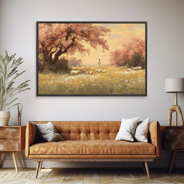 Golden Pasture Walk – Framed Canvas Print – Christian Wall Art – Christian Art Canvas – Christian Painting – Modern Christian Art – Christi