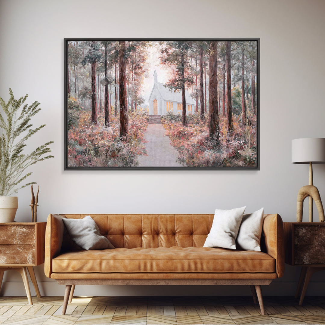 The Woodland Chapel – Framed Canvas Print – Christian Wall Art – Christian Art Canvas – Christian Painting – Christmas Art – Christian Deco
